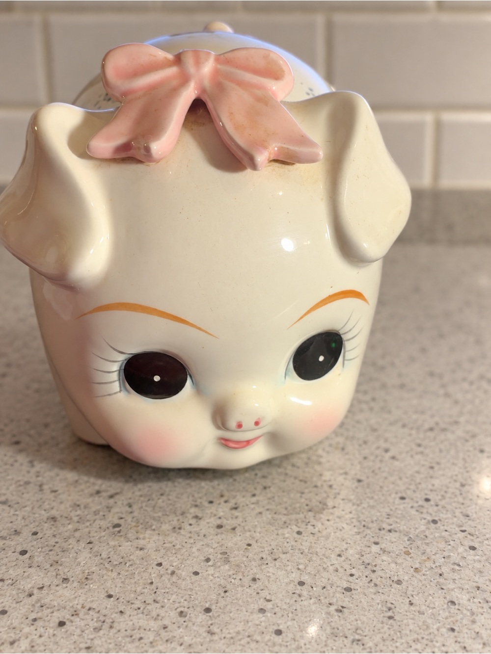 Vintage Ceramic Girl Piggy Bank Pink Bow Floral Cottagecore 8”
